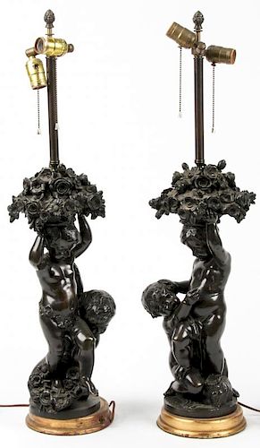 Pair of Antique 19th c. Bronze Putti Sculptures