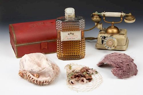 Decorator Lot with French Telephone, 3 Victorian Hats, and Roger and Gallet Perfume Bottle