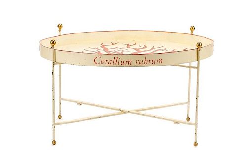 Tole Peinte Campaign Style "Coral" Tray on Stand