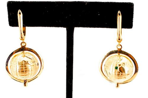 Pair, 14k Yellow Gold World Globe Earrings