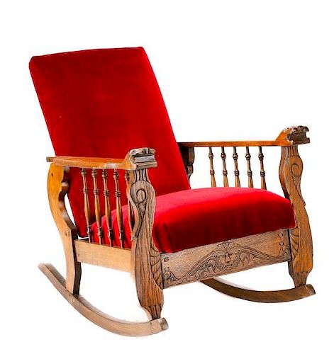 Morris Type Oak & Velvet Reclining Rocking Chair