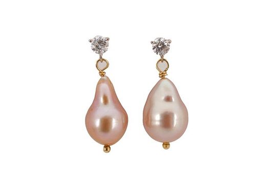 Pair, Diamond & Baroque Pearl Dangle Earrings
