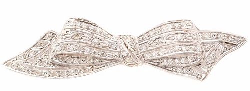 Deco 18k White Gold & Diamond Bow Brooch/Pendant