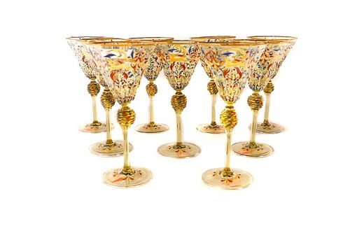 Set of 9 Enamel Decorated Wine Glasses