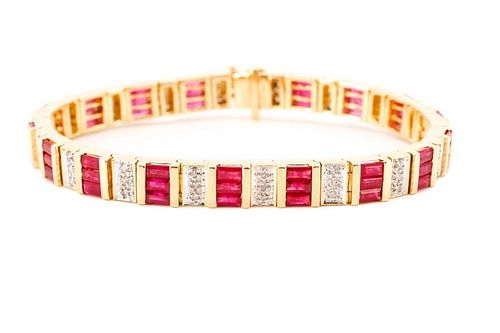 14k Yellow Gold, Syn. Ruby, & Diamond Bracelet
