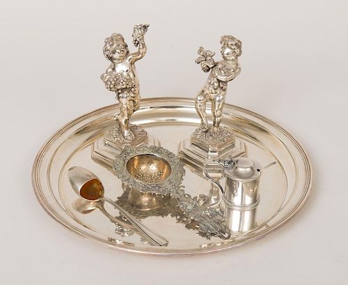 Pair of Continental Weighted (800) Silver Figures of Dancing Putti, a Gorham Silver Circular Tray, and a Wood-Handled Silver