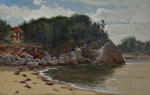 Alfred Thompson Bricher (American, 1837-1908)      Rocky Cove with House Nestled in the Trees