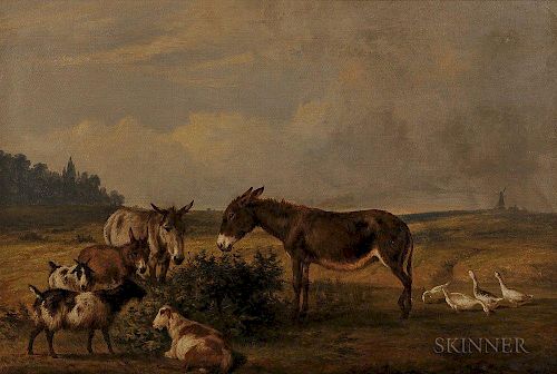 Thomas Hewes Hinckley (American, 1813-1896)      Donkeys, Goats, and Geese in a Field with a Distant Windmill