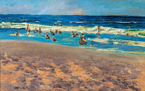 American School, 20th Century      Beach Scene with Figures in the Surf