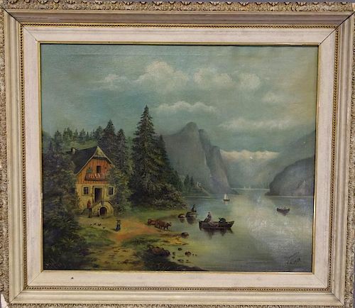 Oil on Canvas of Fishermen with Landscape