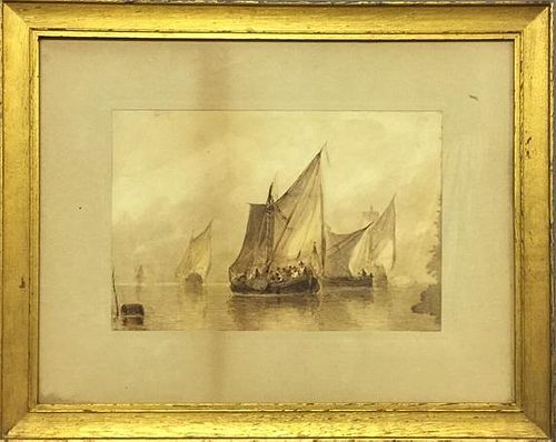 Early English Pen & Ink Drawing of Sailing Ships