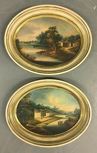 Pair of Oil on Canvas China Trade Paintings