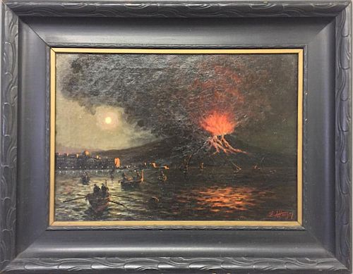 Oil on Canvas of Erupting Volcano at Night