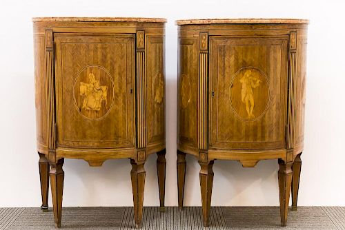 Antique Italian Marquetry/Marble Demilune Commodes
