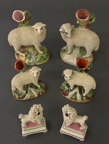 Two Pair of Staffordshire Sheep Spill Vases, Poodles