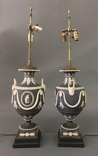 Monumental Pair of Black Wedgwood Urn Lamps