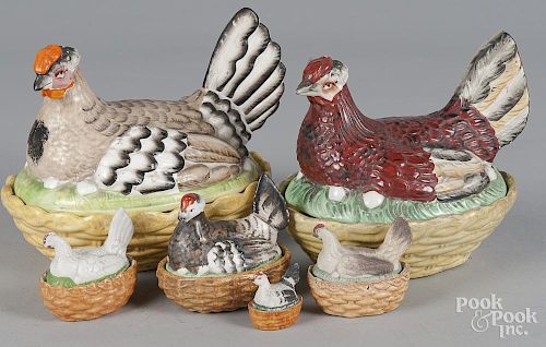 Six porcelain hen on nests
