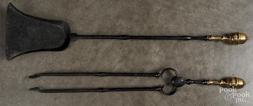 Federal brass and iron fire tongs and shovel