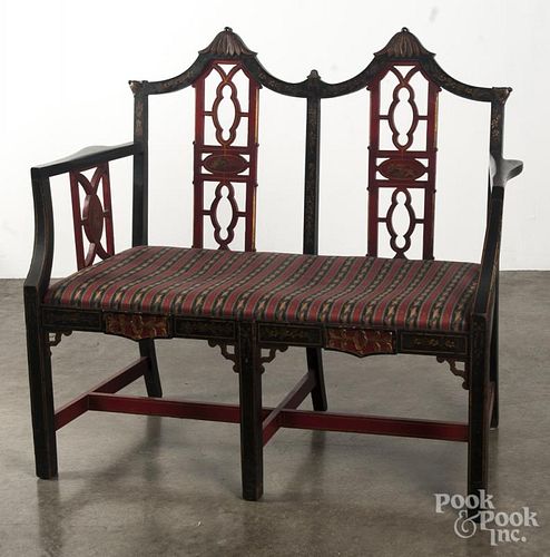 Painted Chinese Chippendale love seat, mid 20th c.