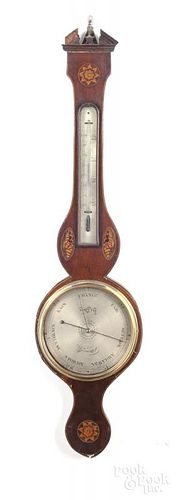 Inlaid mahogany banjo barometer, 19th c.