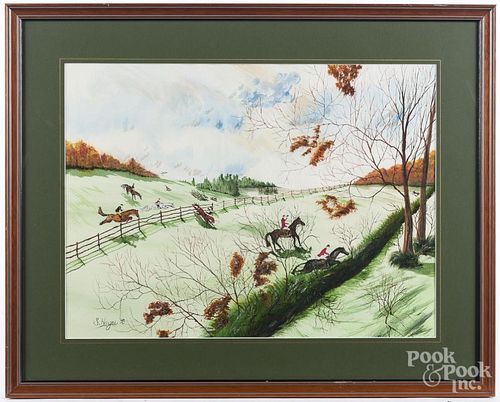 Watercolor and gouache primitive fox hunt scene.