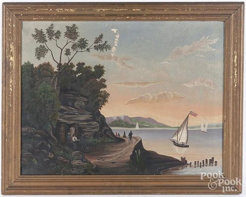 Primitive Hudson River oil on canvas landscape.