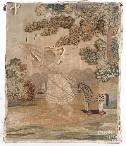 Silk embroidery of a child with horse pull toy