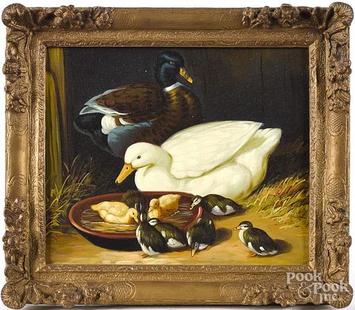 Contemporary oil on canvas of ducks, 10'' x 12''.