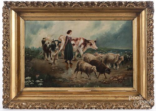 Oil on board landscape with sheep, late 19th c.
