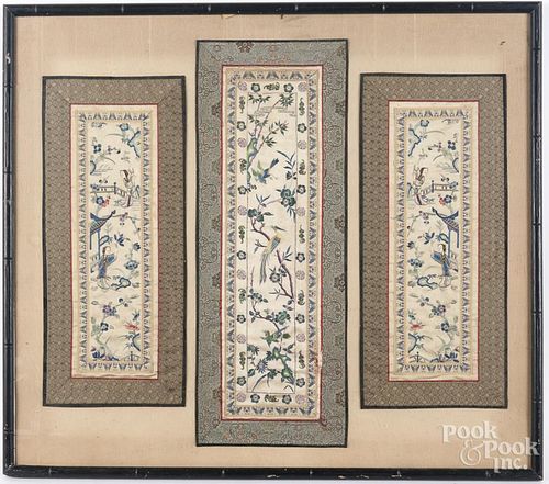 Three Chinese silkwork panels, frame - 29 1/2'' x 3