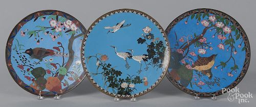 Three Chinese cloisonné chargers, 12 1/8'' dia.