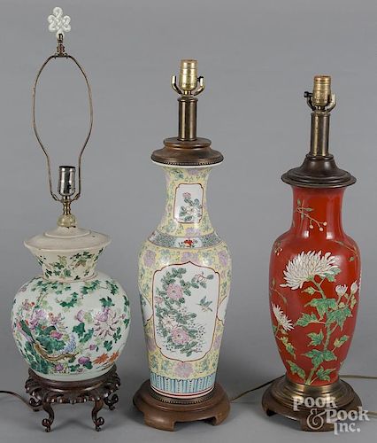 Three Chinese porcelain table lamps.
