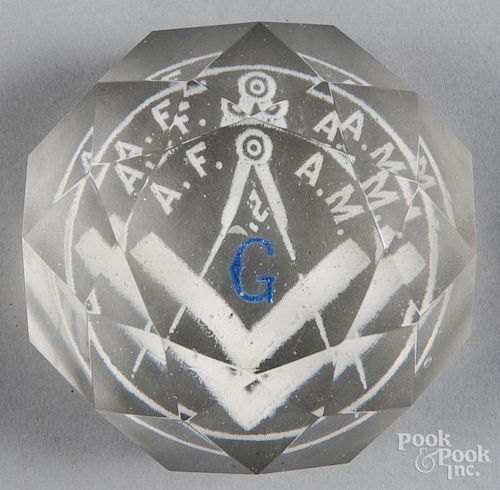 Faceted white frit Masonic paperweight, 3'' dia.