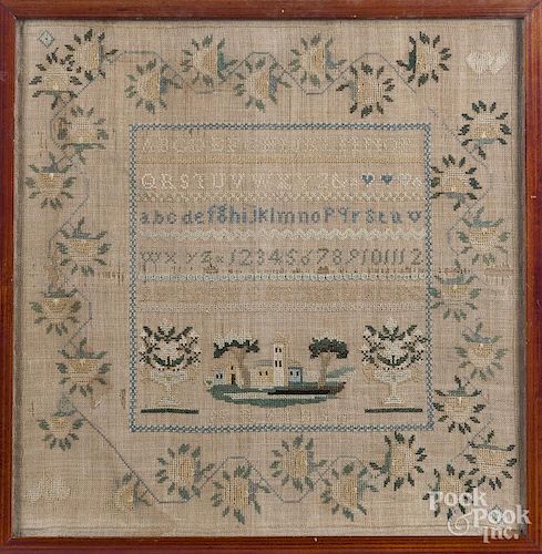 Silk on linen sampler dated 1836, 17'' x 17''.