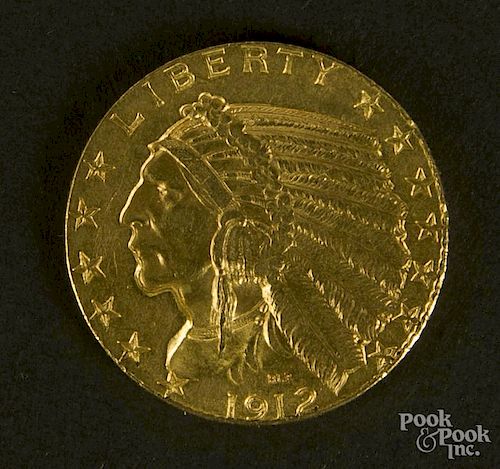 Indian Head five dollar gold coin, 1912.