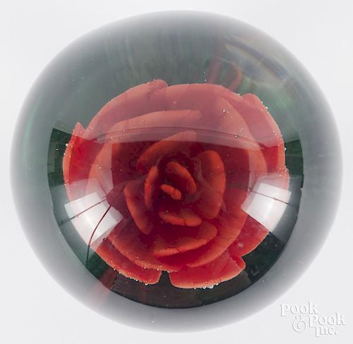 Millville style red crimp rose footed paperweight