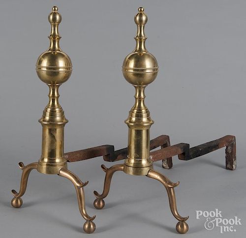 Pair of Federal brass and bell metal andirons