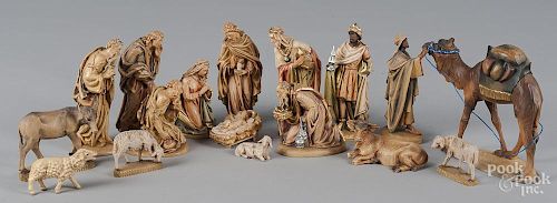 Carved and painted wood creche or nativity scene