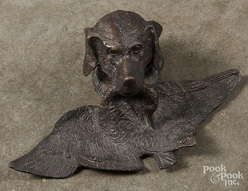 Bronze dog and duck inkwell, 11'' w.