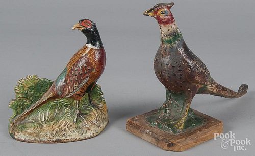 Two painted cast iron pheasant doorstops, 9'' h.