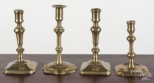 Two Queen Anne brass candlesticks, mid 18th c.