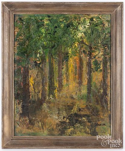Oil on canvas wooded landscape, mid 20th c.
