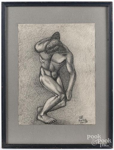 Charcoal discus thrower, signed VJS New York '58