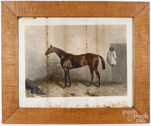 Color horse lithograph in tiger maple frame