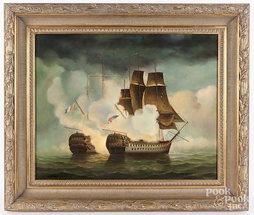 Contemporary oil on canvas naval engagement
