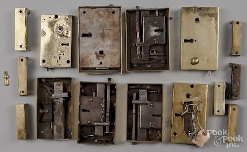 Brass and iron box door lock, 18th c., with key