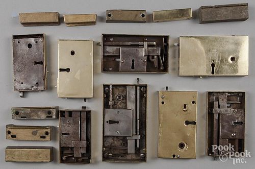 Eight brass and iron box door locks