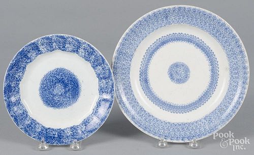 Two blue spatter bullseye plates, 7 1/2'' dia.