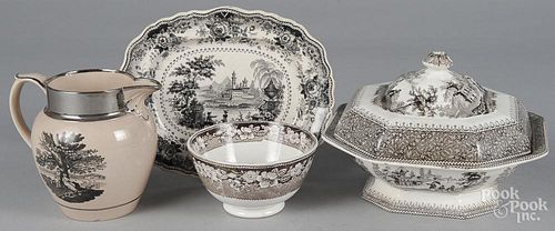 Four pieces of transfer decorated Staffordshire