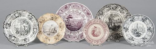Five Staffordshire transfer decorated plates